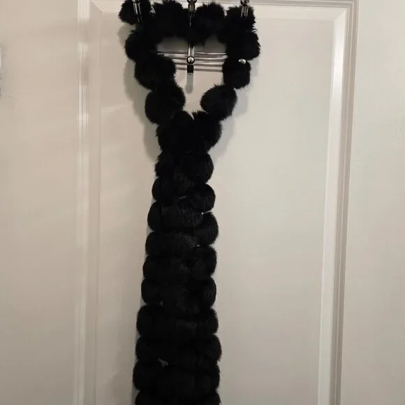 Extra Long Black Rabbit Fur Pompom Scarf #2 - Picture 2 of 4